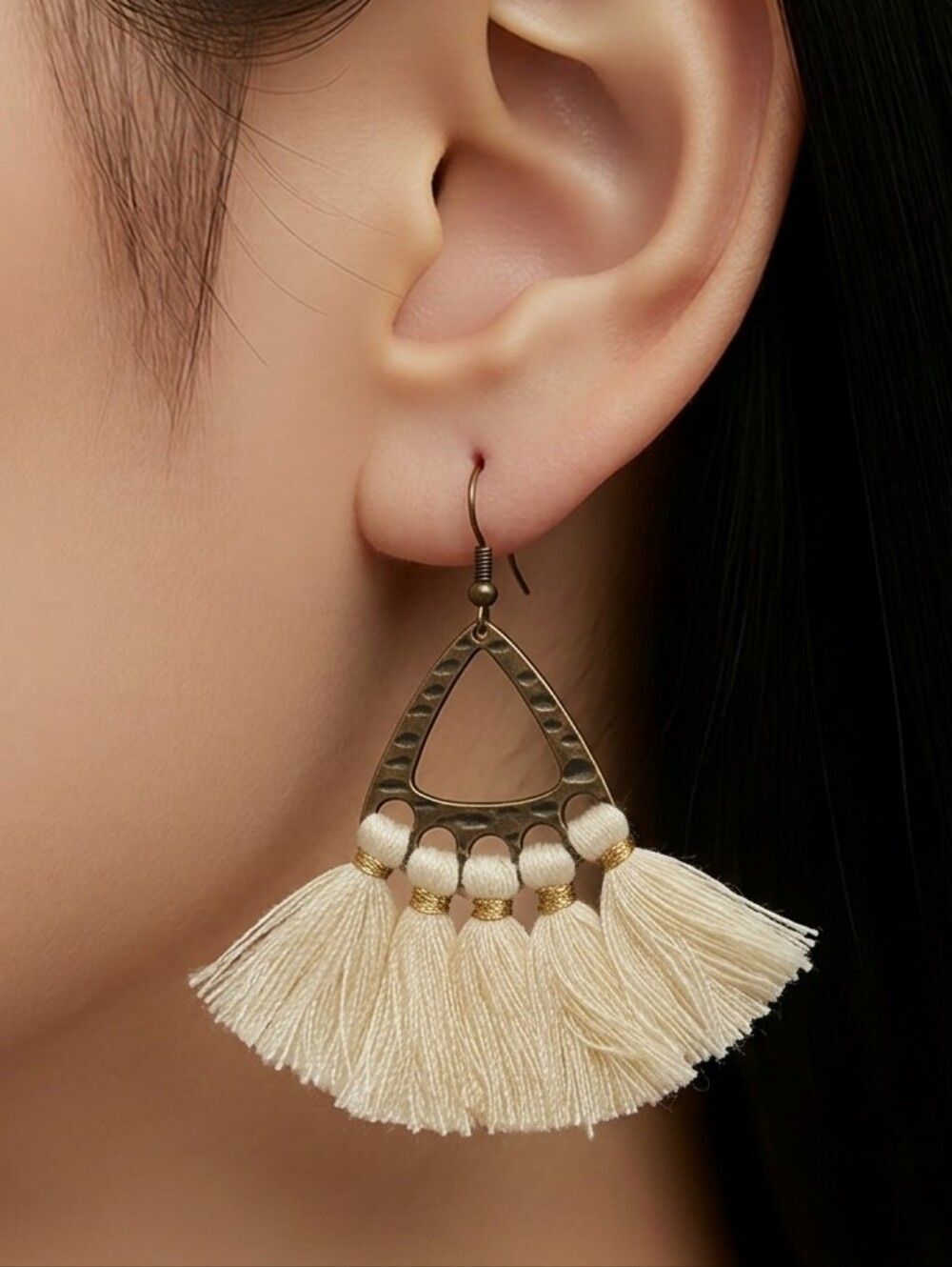 Ivory Tassel Triangle Earrings Boho Festival Statement Dangle Vanilla Jewelry